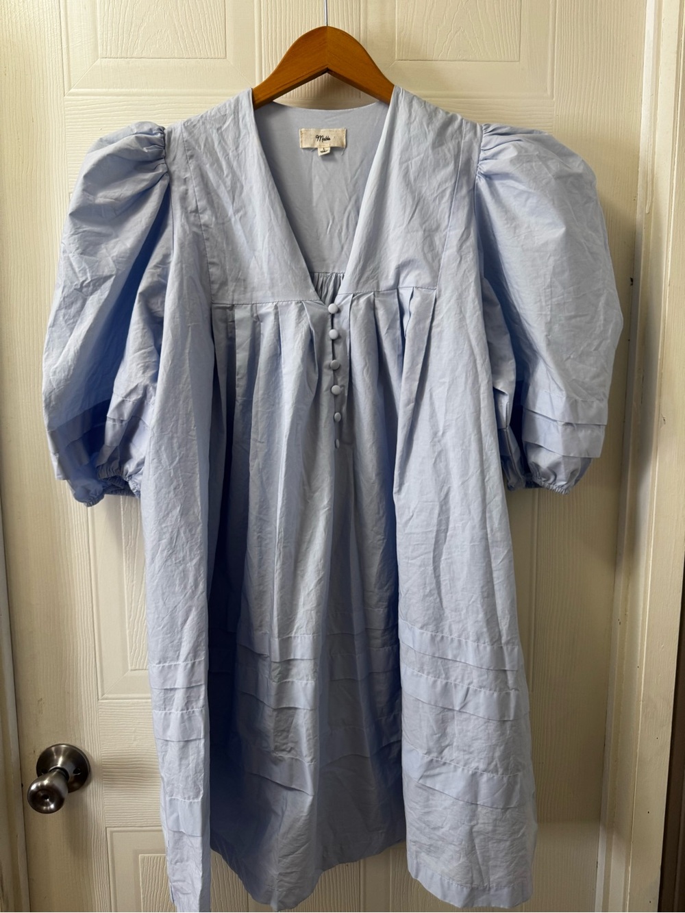 Womens' Light Blue Puff Sleeve Cotton Dress with Front Buttons